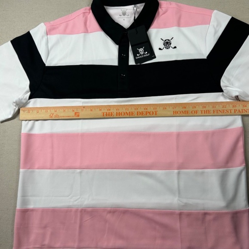 Chuco Golf Shirt Mens XL Performance Skull Pique Striped Color Block Pink Black - Picture 7 of 9
